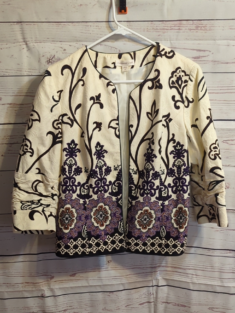 Coldwater Creek Cream Jacket with Purple & Brown Embroidery